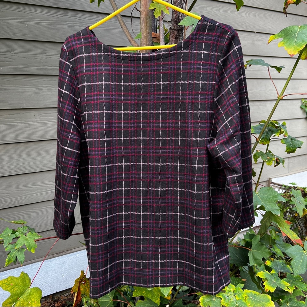 J. Jill Ponte Dressy Knit Button V-Back Top 3/4 Sleeve Maroon Windowpane Size XL